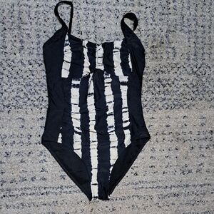 Black and White Striped Women Swim One Piece